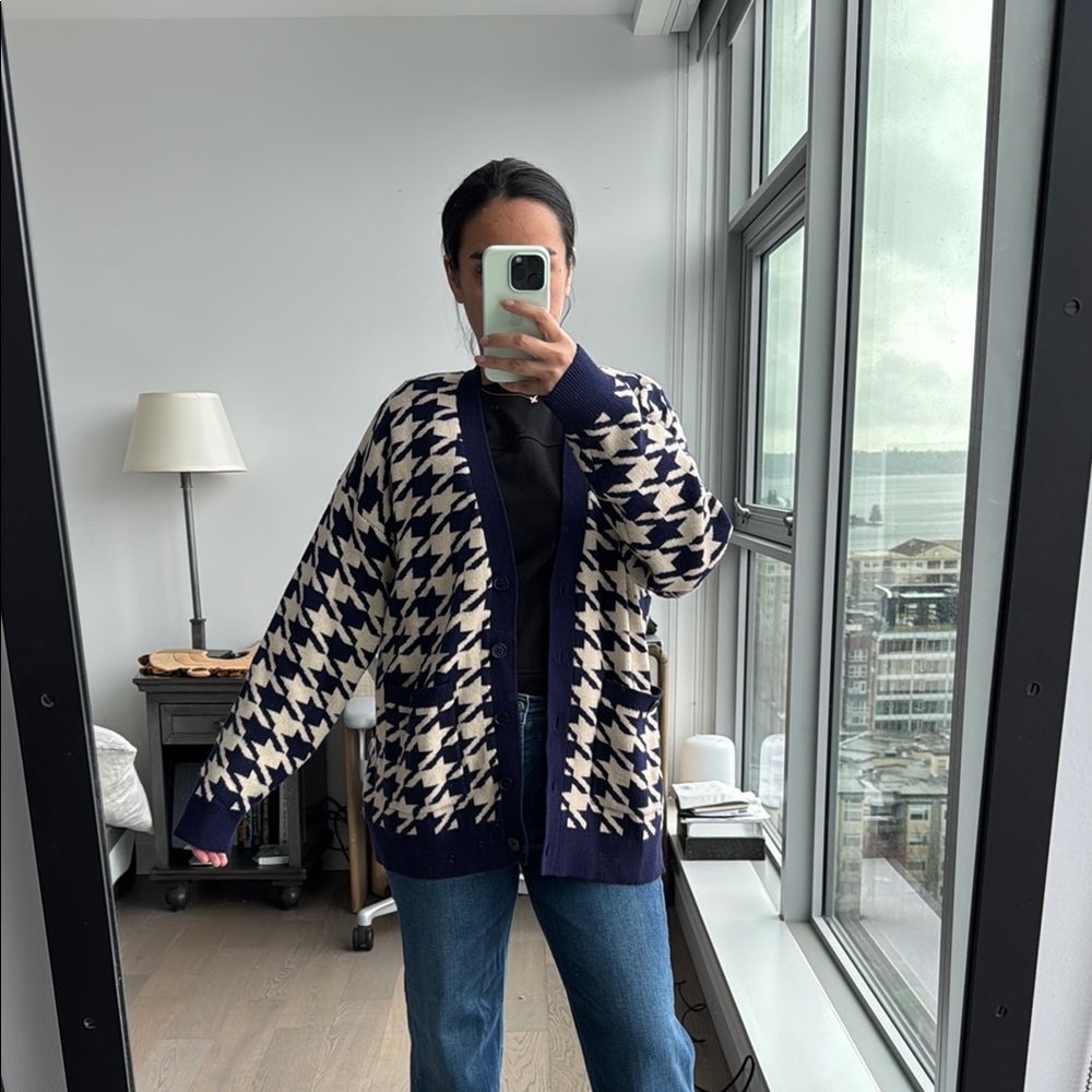 Navy and White Houndstooth Cardigan